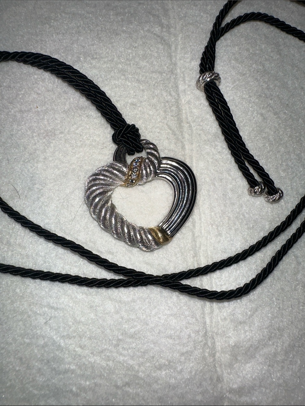 Judith Ripka Heart Pendant Necklace on Adjustable Black 34” Cord - Picture 2 of 5